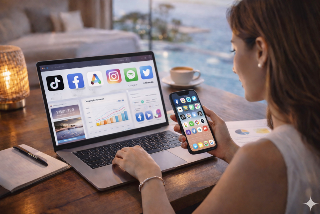 woman working on social media platform - Arise hotel marketing